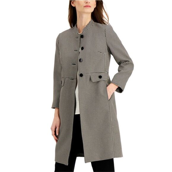 Anne Klein Womens Houndstooth Mandarin Collar Pea Coat NWT
